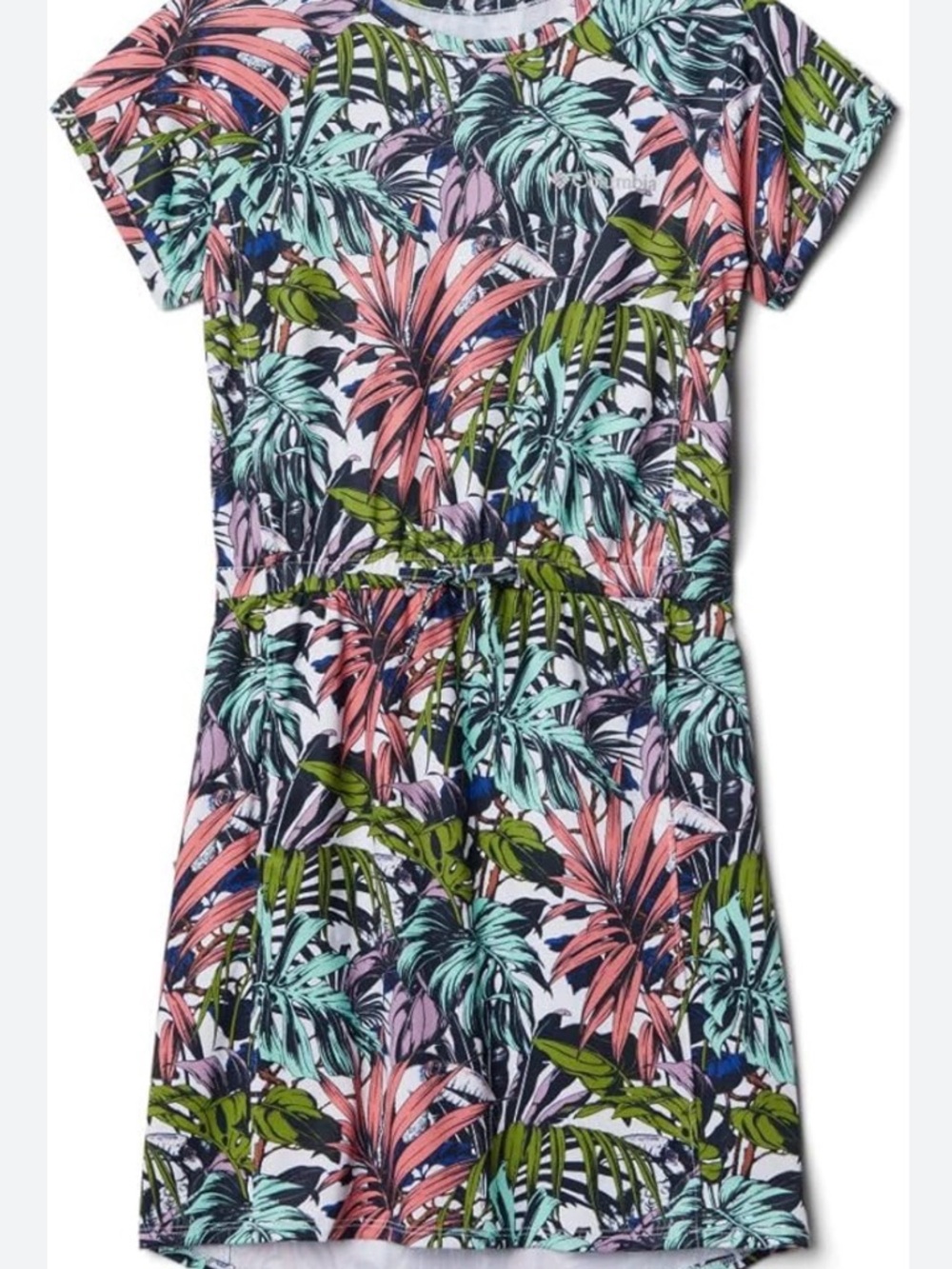 Columbia Tropical Print Mini Dress in Pink, Green, Blue